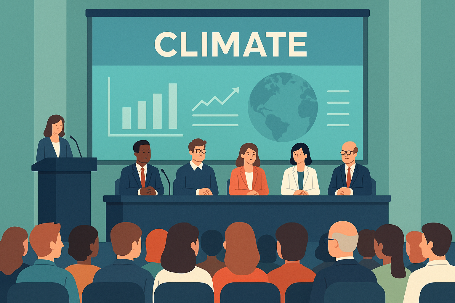 Ilustración de una conferencia internacional sobre clima con panel de especialistas al frente